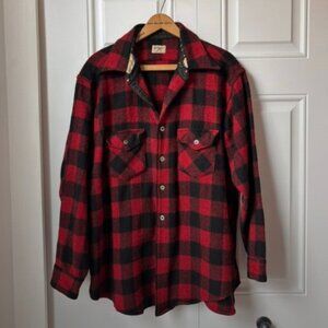 Vintage Distressed Town Topic red and black buffalo plaid wool shirt jacket.
